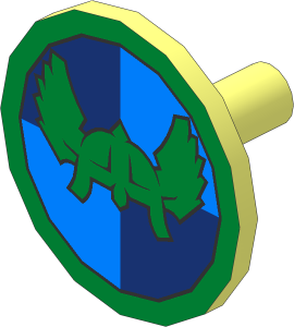Minifig Shield Round Flat with Helmet on Dark/Medium Blue Quarters Pattern