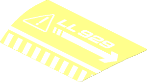 Sticker  3 x  5 with White 'LL 929' Exclamation and Arrow Pointing Right (Formed)