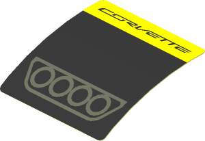 Sticker  1.9 x  1.8 with Dark Grey Exhaust Pipes on Black Background and Black "CORVETTE" on Yellow Background (Formed)