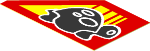 Sticker  1.1 x  1.9 with Black Turtle on Red Background with Yellow Stripes, Sloped on Left Side