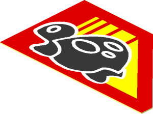 Sticker  1.1 x  1.9 with Black Turtle on Red Background with Yellow Stripes, Sloped on Right Side