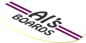 Sticker  1.0 x  1.6 with Black "Al's BOARDS" between Blue Stripes on White Background
