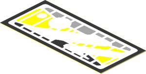 Sticker  0.9 x  2.0 with Black, Yellow and Light Grey Stripes on White Background with Reflection Areas with Black Border