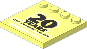 Plate  4 x  4 with 4 Studs on One Edge with "20 YEARS LEGO STAR WARS 1999-2019" and "PRINCESS LEIA" Pattern