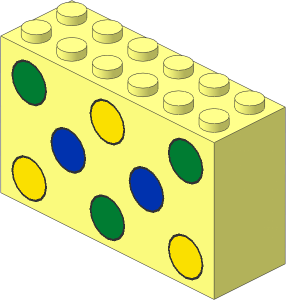 Brick  2 x  6 x  3 with Green, Yellow and Blue Dots Pattern