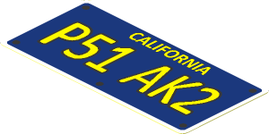 Sticker  1.9 x  3.9 with Dark Blue License Plate and Yellow "CALIFORNIA P51 AK2"