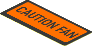 Sticker  0.8 x  1.9 with Rounded Corners and Orange and Metallic Silver "CAUTION FAN"