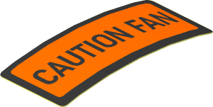 Sticker  0.8 x  1.9 with Rounded Corners and Orange and Metallic Silver "CAUTION FAN" (Formed)