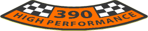 Sticker  1.8 x  1.8 Quarter Ring with Orange and Black "390 High PERFORMANCE" Logo between Checkered Flag Fields