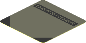 Sticker  1.75 x  1.75 with "DEFENDER" on Silver Panel on Dark Bluish Grey
