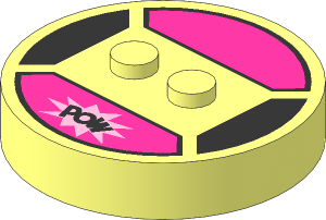 Brick  4 x  4 x  0.667 Round with RFID Tag and  2 Studs with Dark Pink Panel and "POW" Pattern