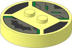 ~Brick  4 x  4 x  0.667 Round - Top with  2 Studs with Black Bat Symbol Pattern