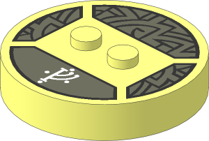 ~Brick  4 x  4 x  0.667 Round - Top with  2 Studs with White Rune Character and Metallic Silver Lines Pattern