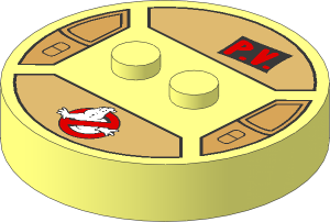 ~Electric Brick  4 x  4 x  0.667 Round - Top with  2 Studs with Ghostbusters Logo and "P.V." Pattern