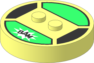 ~Brick  4 x  4 x  0.667 Round - Top with  2 Studs with Bright Green Panel and "BAM" Pattern
