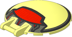 Dish  6 x  6 Inverted - No Studs with Handle with Metallic Silver and Dark Bluish Grey Rim, Red/Orange Patch and Wires Pattern