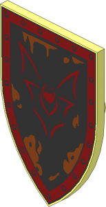 Minifig Shield Triangular Long with Dark Red Edge with Rivets and Black Bat on Metallic Silver Background Pattern