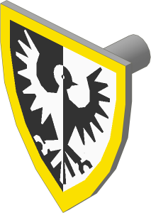 ~_Minifig Shield Triangular with Black Falcon Yellow Border Pattern [Light Grey] (Obsolete)