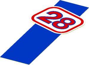 Sticker  3.75 x  1.6 with Red and Blue "28" on White Background with Vertical Blue Line (Left)
