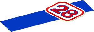 Sticker  3.75 x  1.6 with Red and Blue "28" on White Background with Vertical Blue Line (Right)