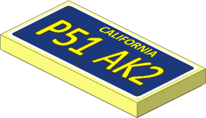 Tile  2 x  4 with Dark Blue License Plate and Yellow "CALIFORNIA P51 AK2" Sticker