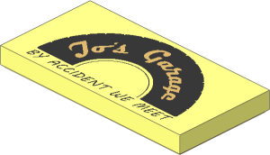 Tile  2 x  4 with Tire Half with "Jo's Garage" and "BY ACCIDENT WE MEET" Pattern