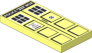 Tile  2 x  4 with White "POLICE BOX", Black Squares, Windows, Notice and Door Handle Pattern