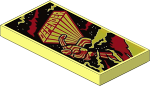 Tile  2 x  4 with Yellow and Red "DEFENDER", Figure with Stripes, Smoke and Fire Pattern