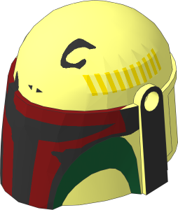 Minifig Helmet Mandalorian with Dark Red Visor, Dark Green Cheeks, Yellow Strokes and Metallic Silver Weathering Pattern