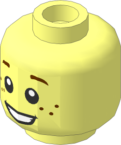 =Minifig Head Brown Eyebrows, Freckles, Open Smile Pattern (Hollow Stud)