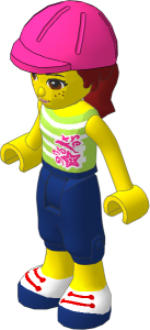 _Figure Friends Mia with Dark Blue Cropped Trousers, Lime Top with White Stripes, Magenta Helmet