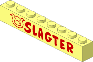 Brick  1 x  8 without Centre Studs with Swine Head and Red "SLAGTER" Rounded Pattern