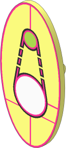 Minifig Shield Oval with Small Lime and Large White Circles, Dark Purple Chain and Lines Pattern