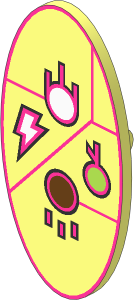 Minifig Shield Oval with White, Lime and Medium Azure Circles, Lightning Bolt and Dark Purple Lines Pattern