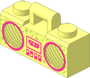 Minifig Boombox  1 x  3 x  1 with Magenta Rimmed Speakers, Cassette Player, Switches and Lime Decoration Pattern