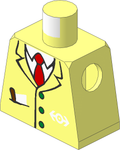 Minifig Torso with Suit with Pocket, Brown Pen, Red Tie, Train Logo Pattern