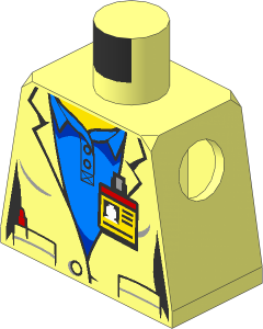 Minifig Torso Female with Lab Coat over Medium Blue Shirt with ID Badge and Space Shuttle Logo on Back Pattern