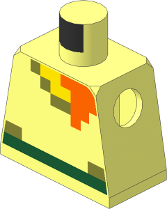 Minifig Torso with Dark Green Belt and Light Nougat, Olive Green and Orange Rectangles Pattern