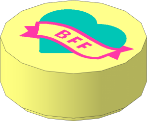 Tile  1 x  1 Round with Dark Turquoise Heart and Medium Lilac Banner with "BFF" Pattern