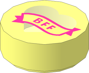 Tile  1 x  1 Round with Bright Light Orange Heart and Medium Lilac Banner with "BFF" Pattern