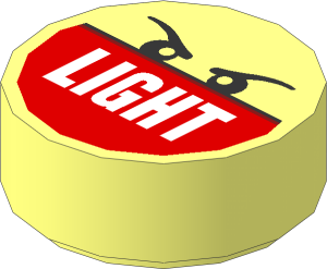 Tile  1 x  1 Round with White "LIGHT" on Red Half and Angry Eyes Pattern