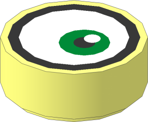 Tile  1 x  1 Round with Metallic Silver Goggles Outline and Off-Centred Green Eye Pattern