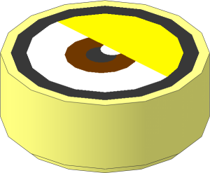Tile  1 x  1 Round with Metallic Silver Goggles Outline and Centred Reddish Brown Eye with Yellow Straight Eyelid Pattern