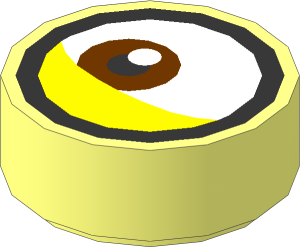 Tile  1 x  1 Round with Metallic Silver Goggles Outline and Off-Centred Reddish Brown Eye and Yellow Arched Eyelid Pattern