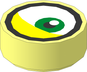 Tile  1 x  1 Round with Metallic Silver Goggles Outline and Off-Centred Green Eye and Yellow Arched Eyelid Pattern