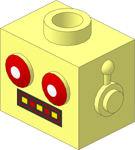 Minifig Head Robot with Blue Eyes and Red/Yellow Teeth Display Pattern