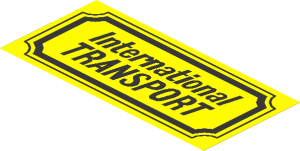 =Sticker  2.6 x  5.5 with Black "International TRANSPORT" on Yellow