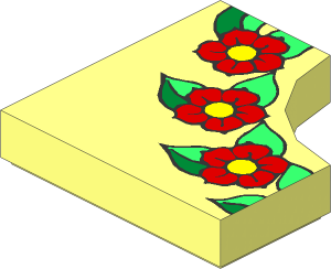 Tile  2 x  2 with  1 x  1 Quarter Circle Cutout with 3 Red and Yellow Flowers on LtGreen/Green Leaves Pattern