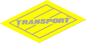 Sticker  2.3 x  1.9 with Light Grey "TRANSPORT" on Crate on Yellow Background