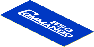 Sticker  0.9 x  1.9 with White "Commando 850" Logo on Blue Background